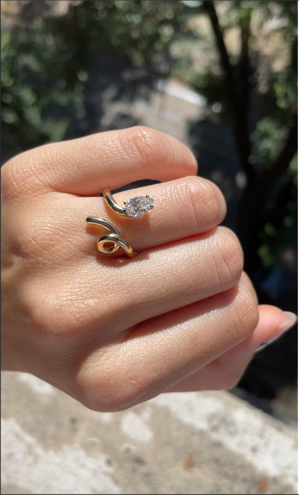 Bea Bongiasca GOLD BABY VINE RING WITH PEAR CUT DIAMOND