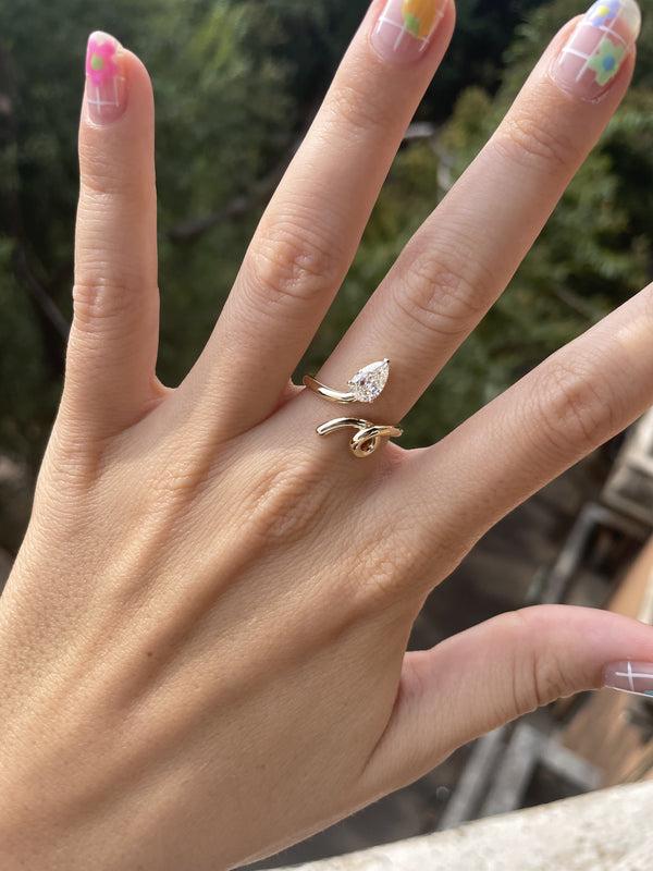 Bea Bongiasca GOLD BABY VINE RING WITH PEAR CUT DIAMOND