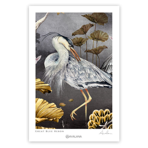 beau monde Avalana Midnight Crouching Heron Art Print