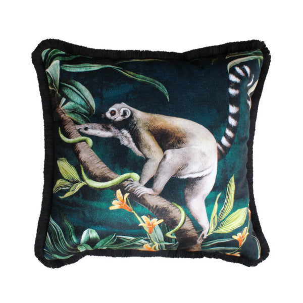 beau monde Avalana Ring Tailed Lemur Fringe Velvet Cushion