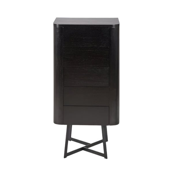 beau monde Beau&Co Anker Black Ash Veneer and Black Metal 5 Drawer Tall Boy