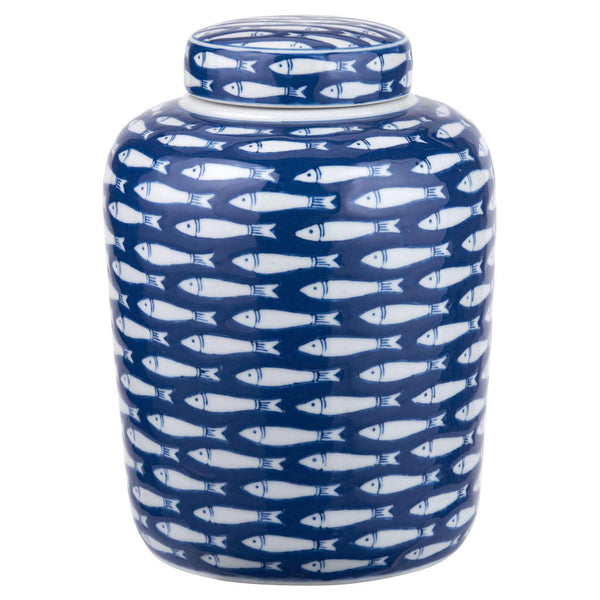 beau monde Beau&Co Hakan Blue and White Ceramic Fish Detail Lidded Ginger Jar
