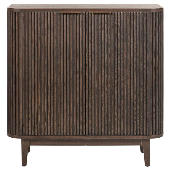 beau monde Beau&Co Oskar Dark Brown Ribbed Oak and Pine Wood 2 Door Bar Cabinet