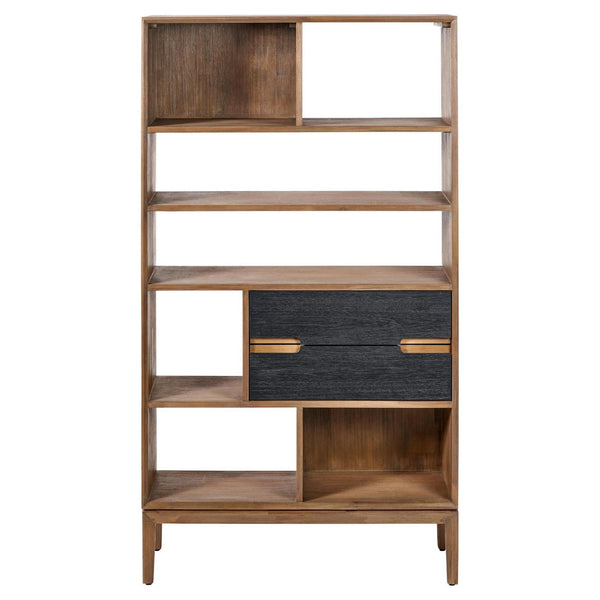 beau monde Beau&Co Pelle Black and Natural Acacia Wood 2 Drawer 7 Nook Shelf Unit