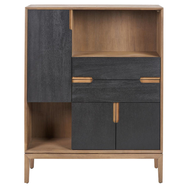 Beau Monde Beau&Co Pelle Black And Natural Acacia Wood 3 Door 2 Drawer 2 Nook Shelf Unit