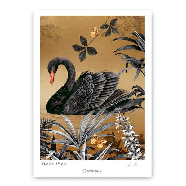 beau monde Avalana Golden Swimming Swan Art Print