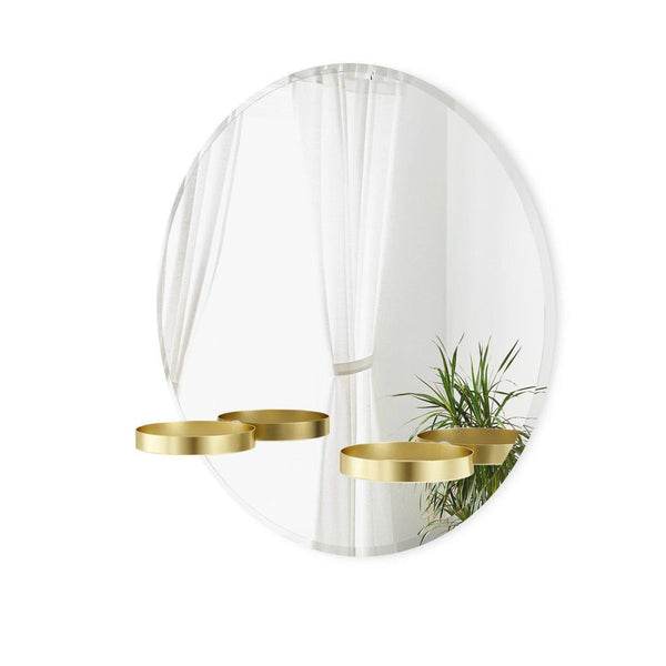 Beau Monde Umbra Gold Round Wall Mirror Shelf Unit