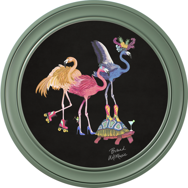 Beau Monde Brand McKenzie Balancing Act Flamboyance Framed Round Art Print With Charcoal Black Background