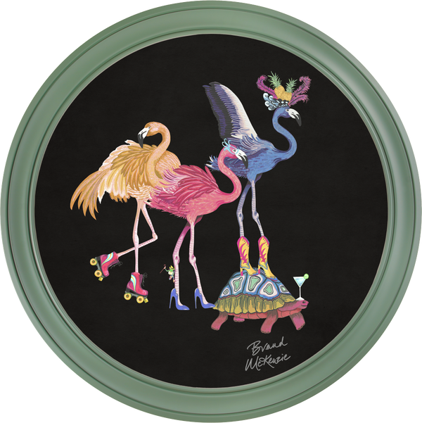 Beau Monde Brand McKenzie Balancing Act Flamboyance Framed Round Art Print With Charcoal Black Background