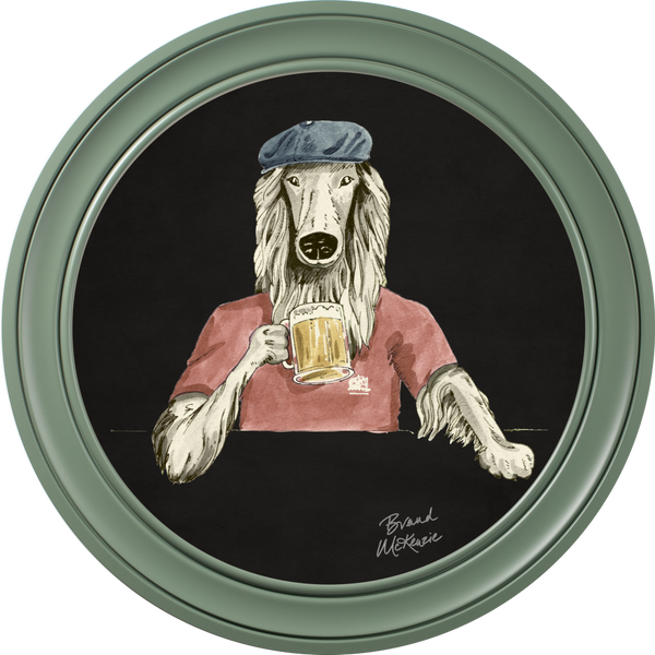 Beau Monde Brand McKenzie Happy Hour Bruce Framed Round Art Print With Charcoal Black Background