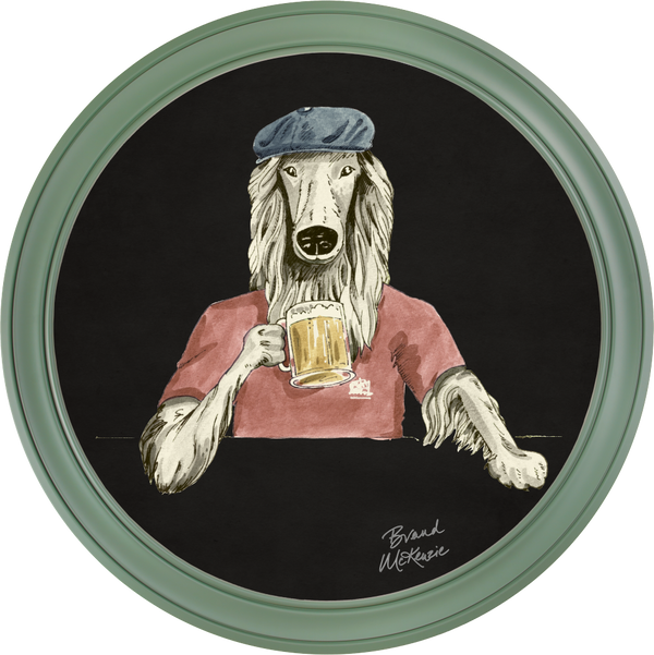 Beau Monde Brand McKenzie Happy Hour Bruce Framed Round Art Print With Charcoal Black Background