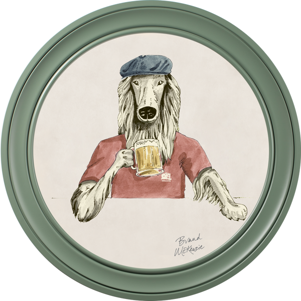 Beau Monde Brand McKenzie Happy Hour Bruce Framed Round Art Print With Chalk White Background