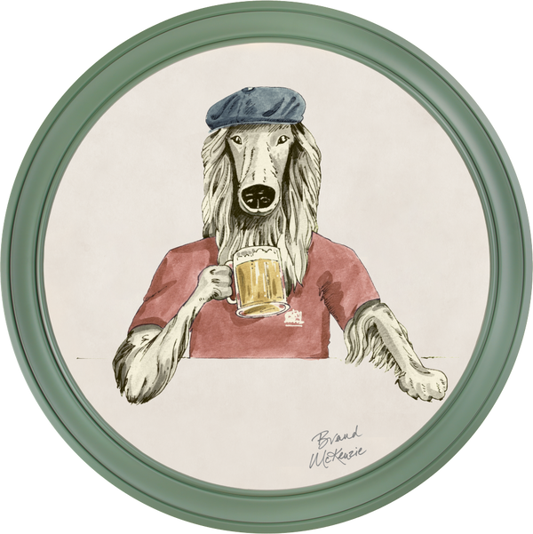 Beau Monde Brand McKenzie Happy Hour Bruce Framed Round Art Print With Chalk White Background