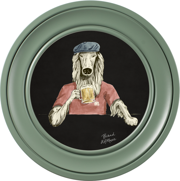 beau monde Brand McKenzie Happy Hour Bruce Framed Round Art Print with Charcoal Black Background