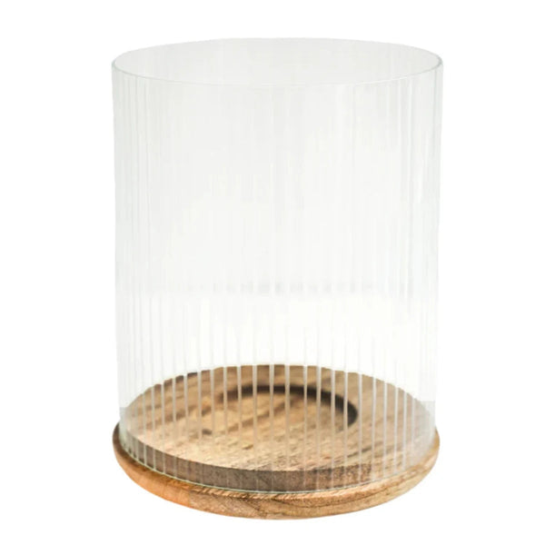 Beau Monde Ivyline Amelia Medium Ribbed Glass Wooden Candle Holder