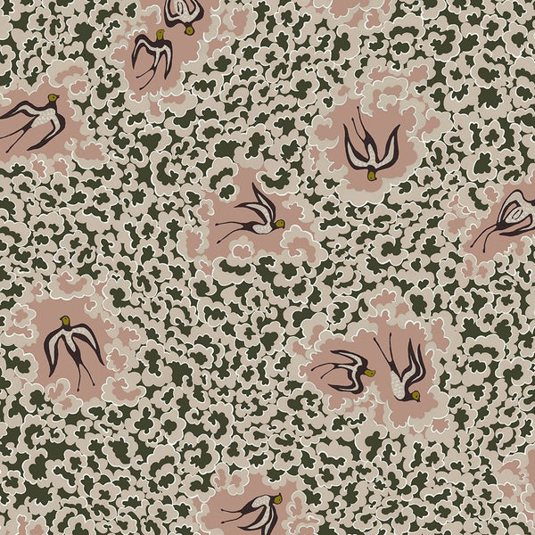 Beau Monde Josephine Munsey Bea's Swallows Wallpaper - Chaingate Green And Ham Pink