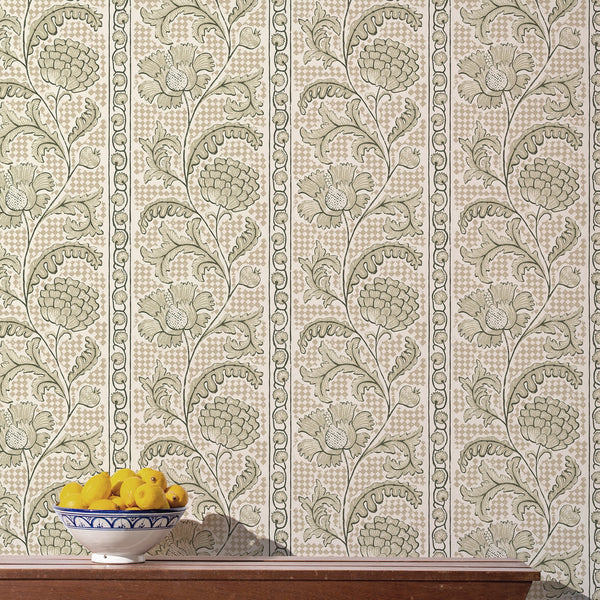 beau monde Josephine Munsey Floral Check Wallpaper - Maitland Green and Cotswold White