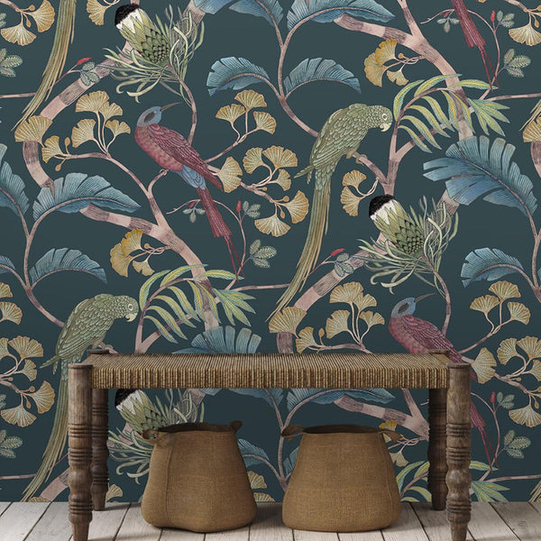 Beau Monde Josephine Munsey Living Branches Wallpaper - Dark Teal Yellow And Olive