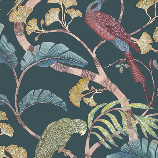 beau monde Josephine Munsey Living Branches Wallpaper - Dark Teal Yellow and Olive