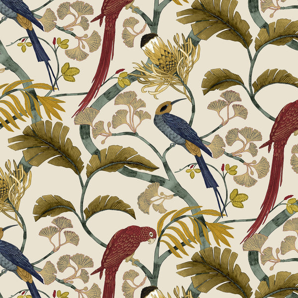 beau monde Josephine Munsey Living Branches Wallpaper - Red Turquoise and Ecru