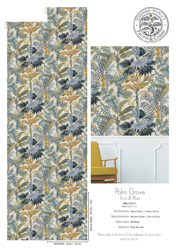 Beau Monde Josephine Munsey Palm Grove Wallpaper - Ecru And Blue