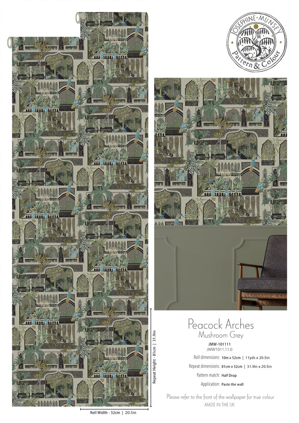 Beau Monde Josephine Munsey Peacock Arches Wallpaper - Mushroom Grey