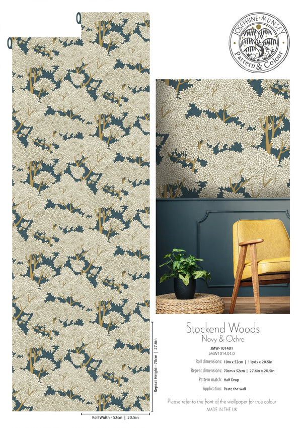 Beau Monde Josephine Munsey Stockend Woods Wallpaper - Navy Ochre