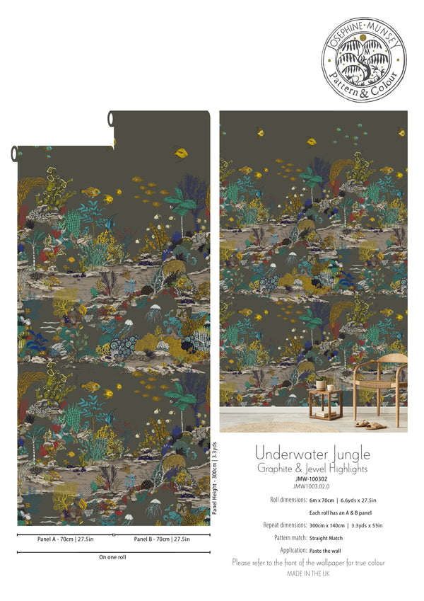 Beau Monde Josephine Munsey Underwater Jungle Wallpaper - Graphite & Jewel Highlights