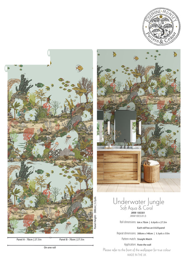 Beau Monde Josephine Munsey Underwater Jungle Wallpaper - Soft Aqua & Coral
