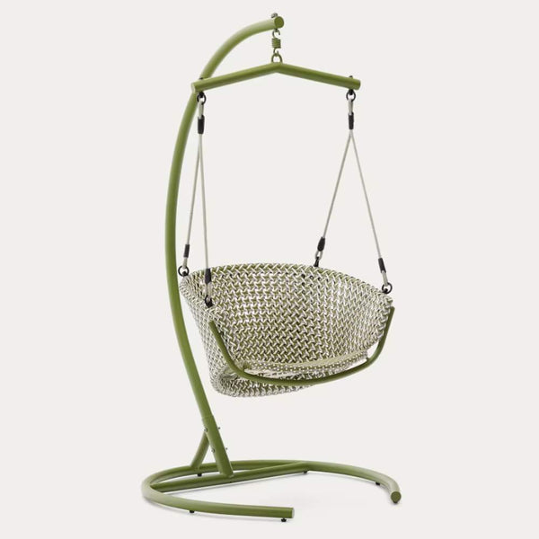 beau monde Kave Home Saliga Green Hanging Armchair with Aluminum Base and Synthetic Rattan