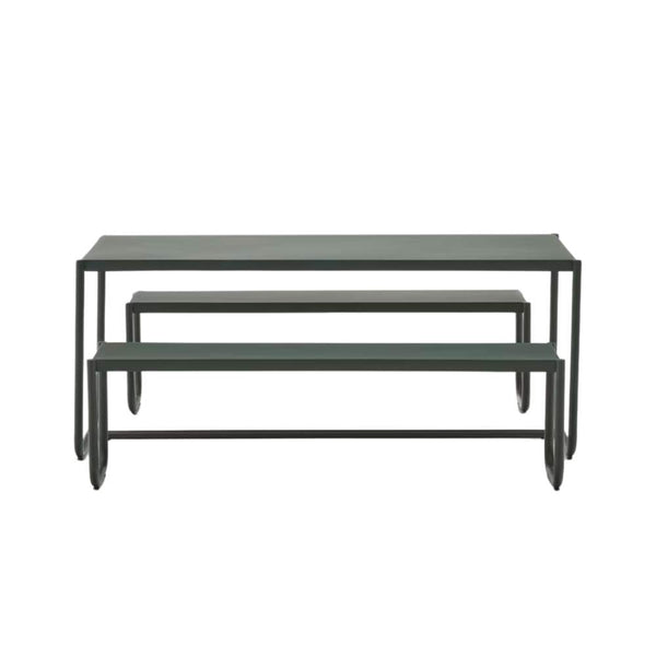 Beau Monde Kave Home Sotil Set Of 2 Benches And Galvanized Steel Table With Green Finish 183 X 83 Cm
