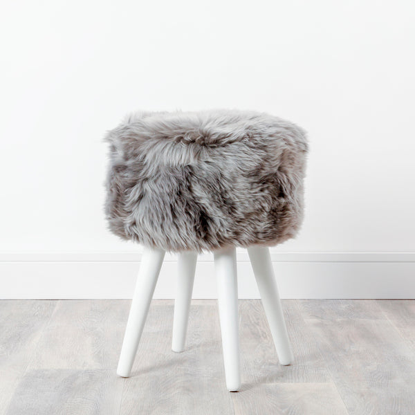 Beau Monde Native Home Sheepskin Wood Stool Grey/White