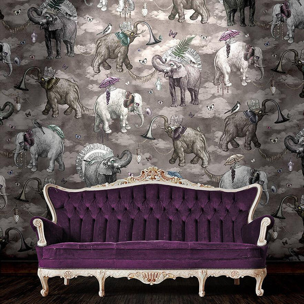 Beau Monde Santorus Elephant's March Wallpaper Mural In Argentum - 2 Roll Mural Set