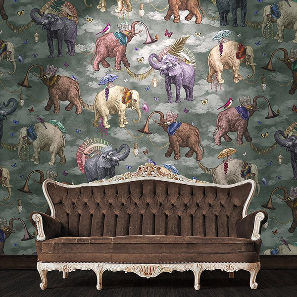 beau monde Santorus Elephant's March Wallpaper Mural In Viridian - 2 Roll Set
