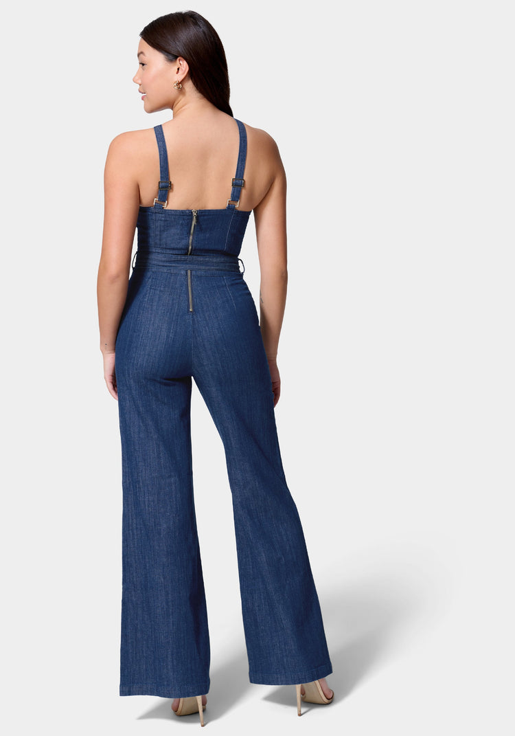 Bebe Asymmetric Neckline Wide Leg Lightweight Denim Jumpsuit