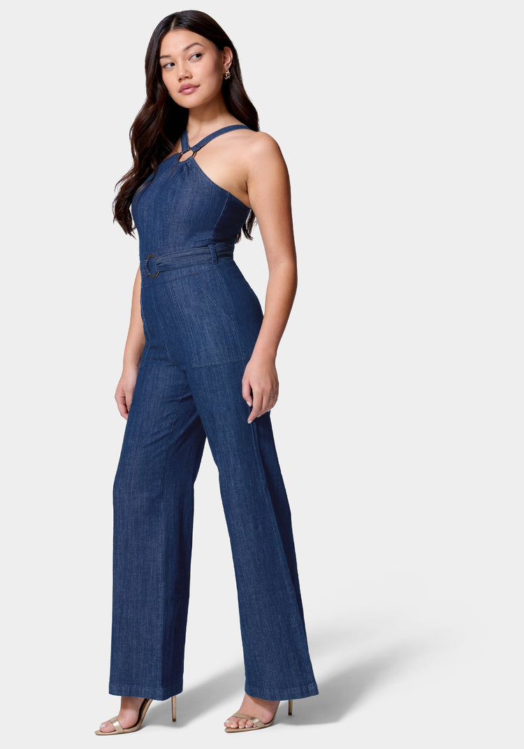Bebe Asymmetric Neckline Wide Leg Lightweight Denim Jumpsuit