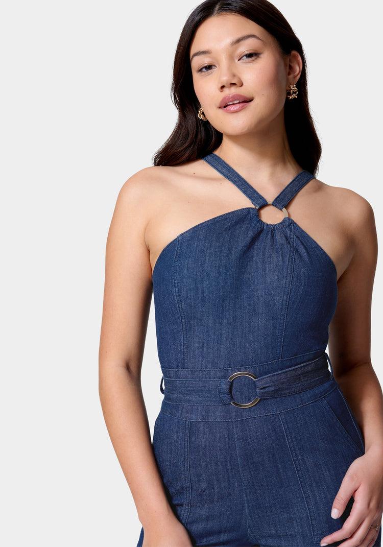 Bebe Asymmetric Neckline Wide Leg Lightweight Denim Jumpsuit