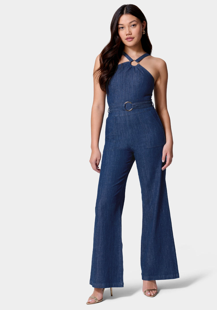 bebe Asymmetric Neckline Wide Leg Lightweight Denim Jumpsuit