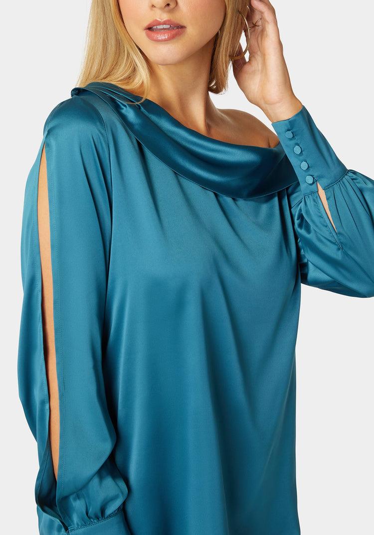 Bebe Asymmetrical Long Sleeve Slit Detail Satin Blouse