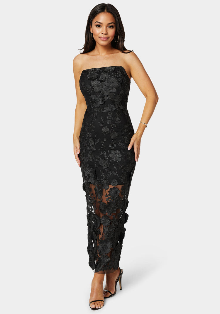 bebe 3D Floral Strapless Gown