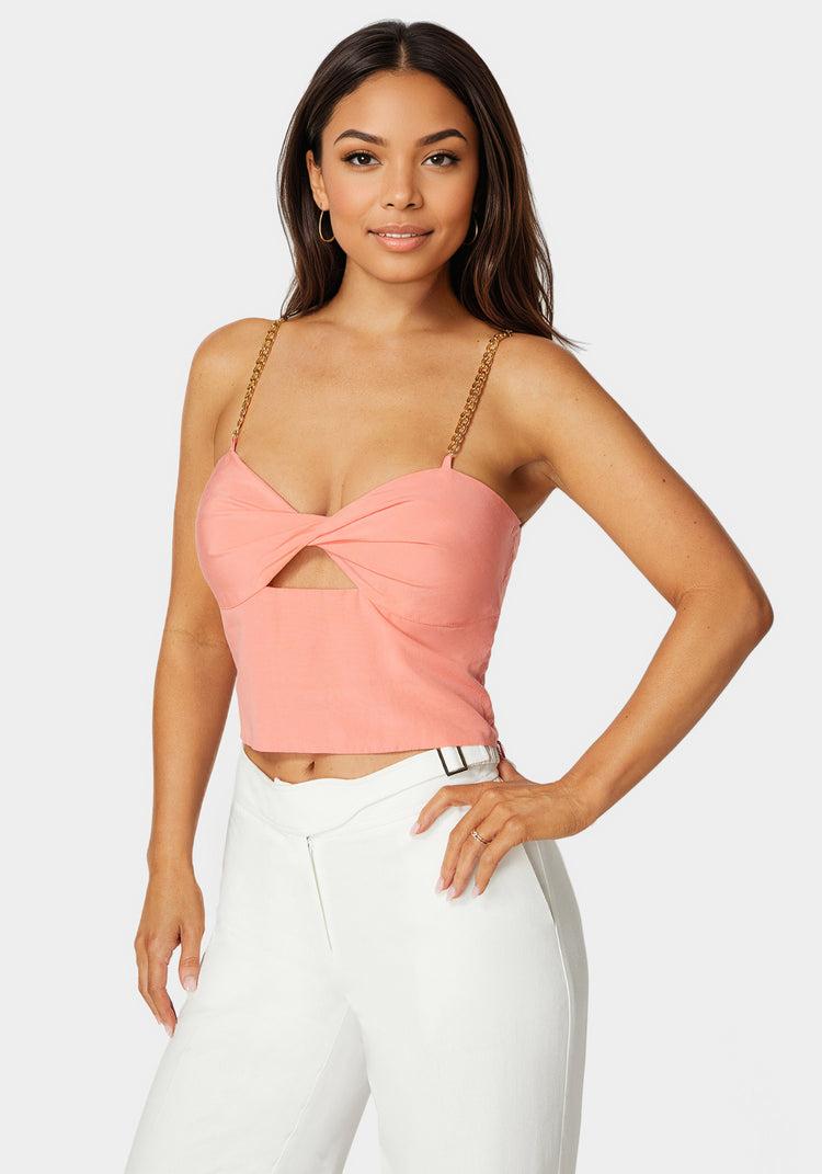 Bebe Adjustable Chain Strap Twisted Front Top