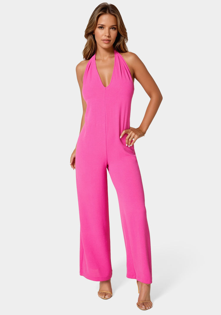 bebe Airflow Halter Wide Leg Jumpsuit