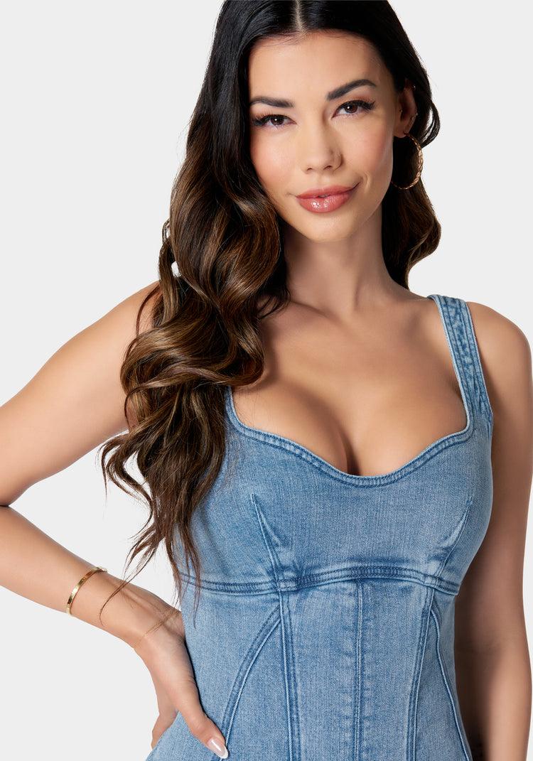 Bebe Asymmetric Hem Fitted Denim Dress
