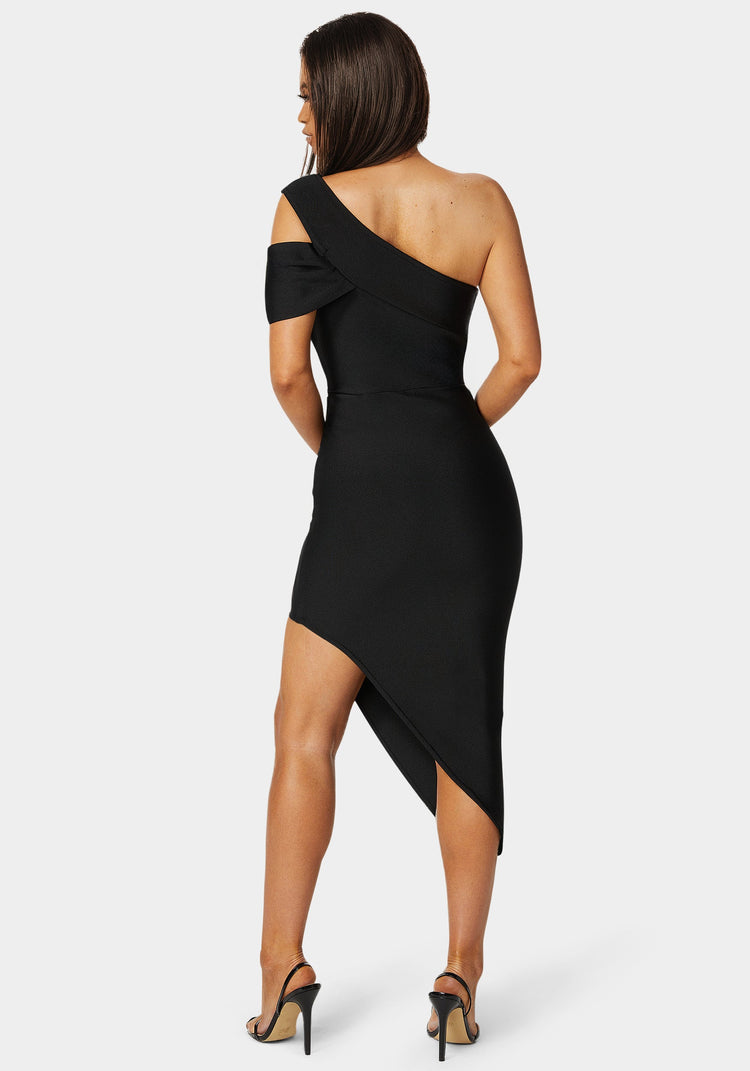 Bebe Asymmetrical High Slit Bandage Midi Dress