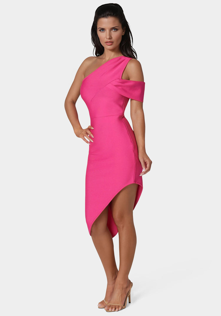 Bebe Asymmetrical High Slit Bandage Midi Dress
