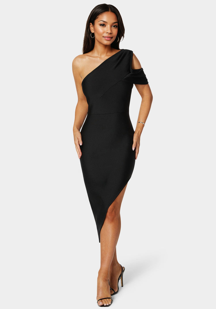 bebe Asymmetrical High Slit Bandage Midi Dress