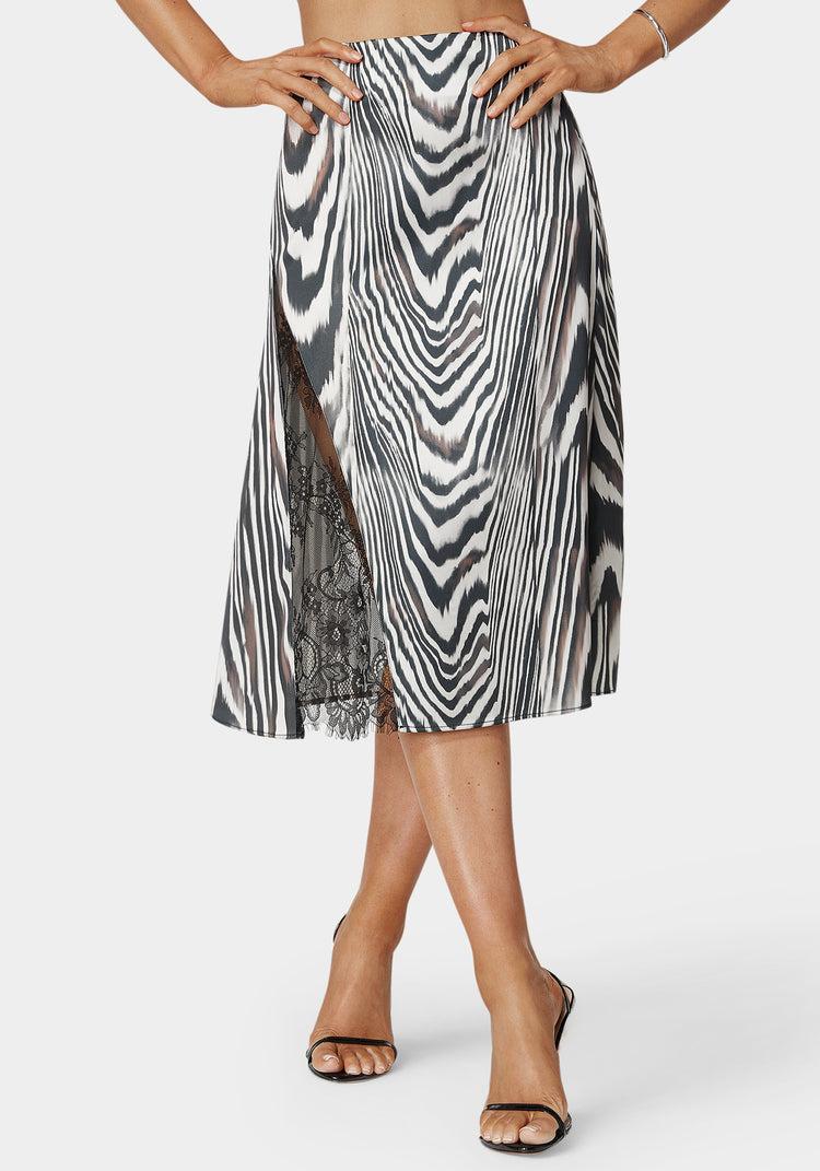 bebe Asymmetrical Lace Insert Satin Skirt