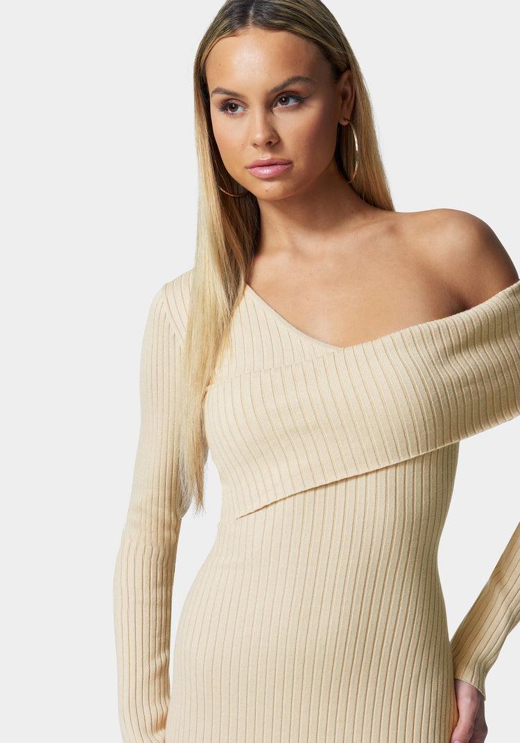 Bebe Asymmetrical Off Shoulder Sweater Dress