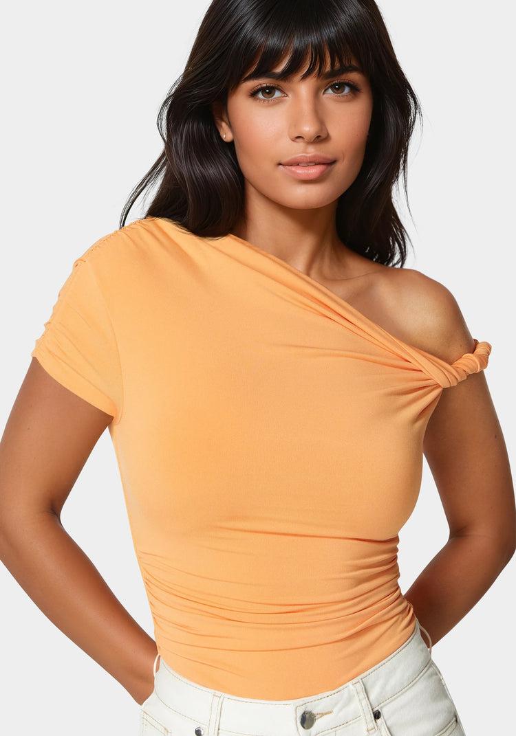 Bebe Asymmetrical Shoulder Ruched Bodysuit