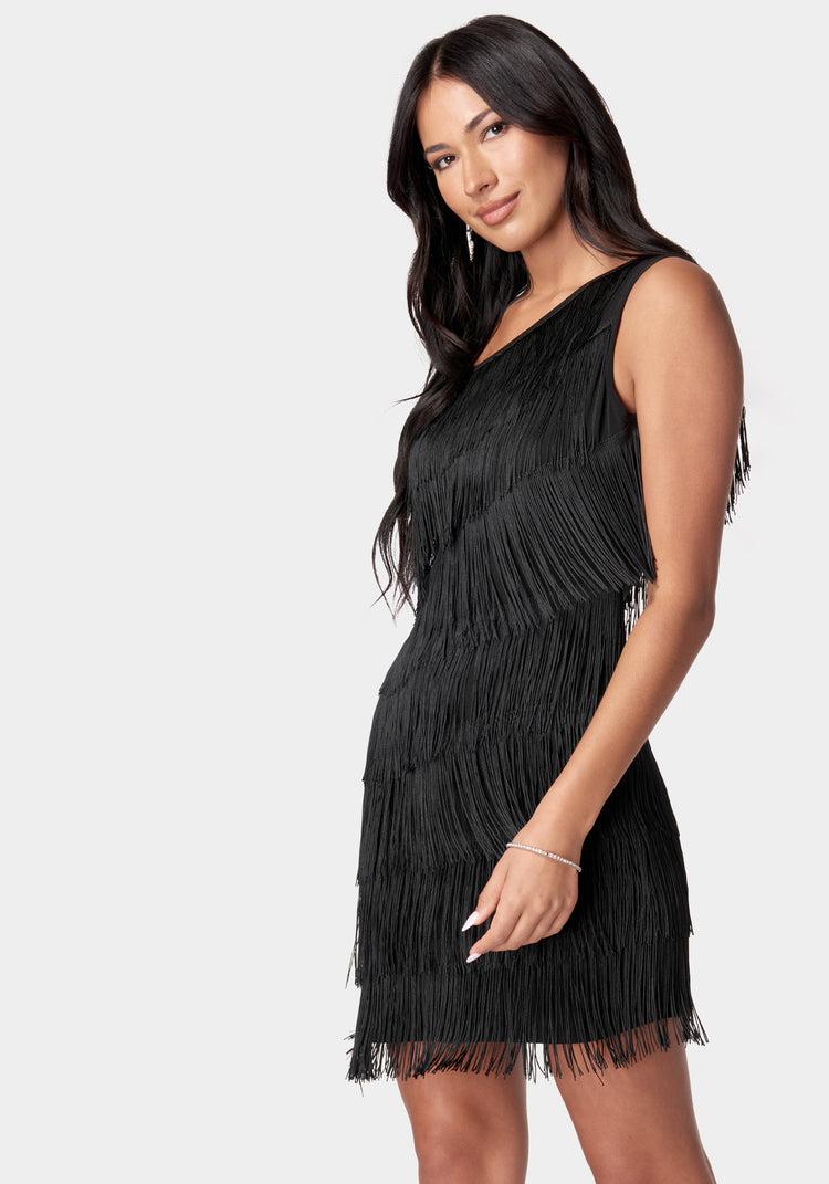 Bebe Asymmetrical Tiered Fringe Dress